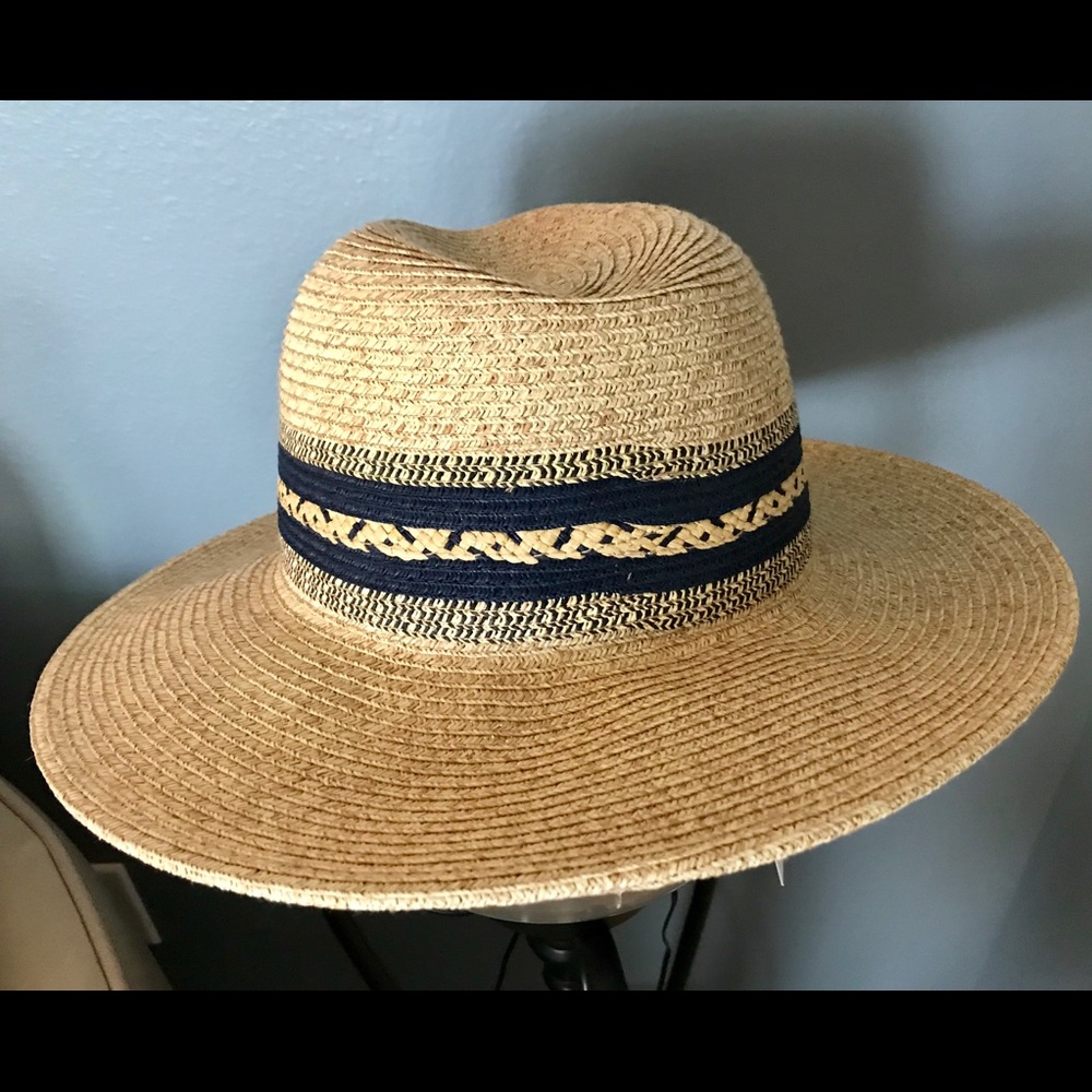 Navy straw hat.